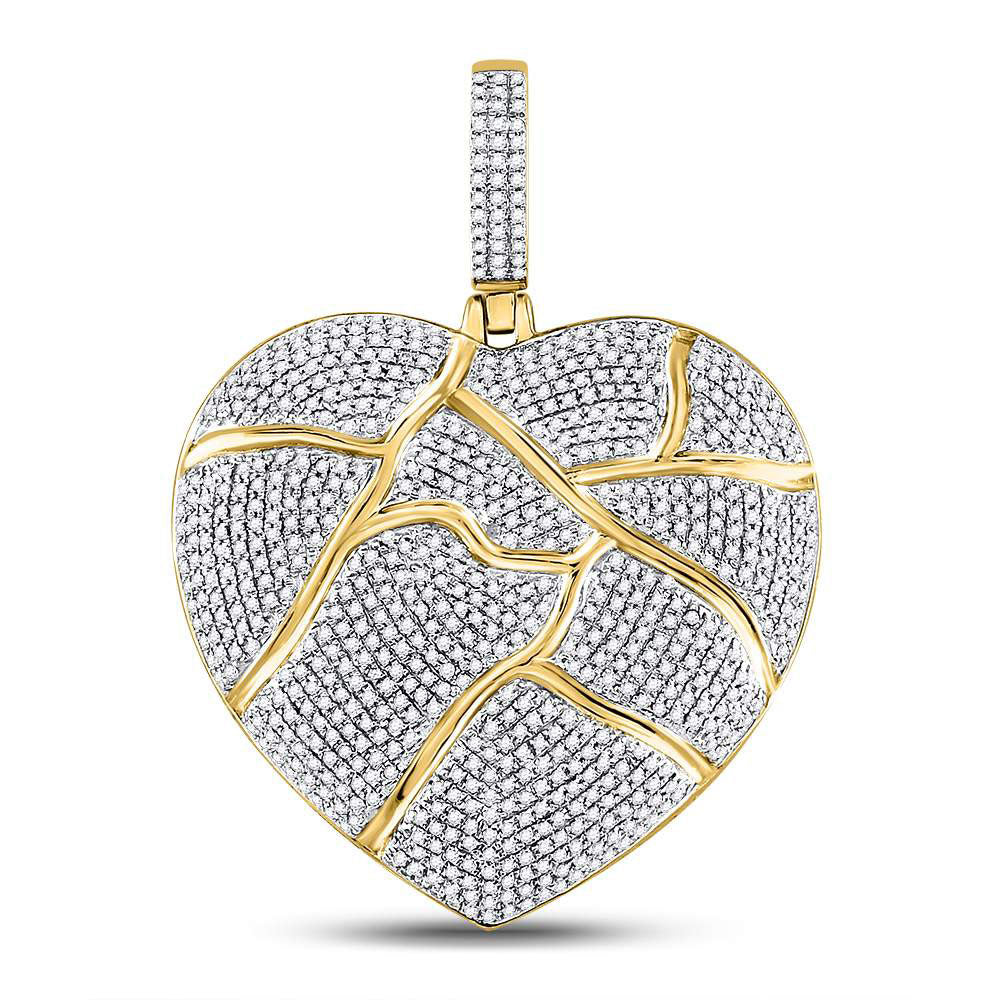 10kt Yellow Gold Mens Round Diamond Fractured Broken Heart Charm Pendant 1-1/2 Cttw