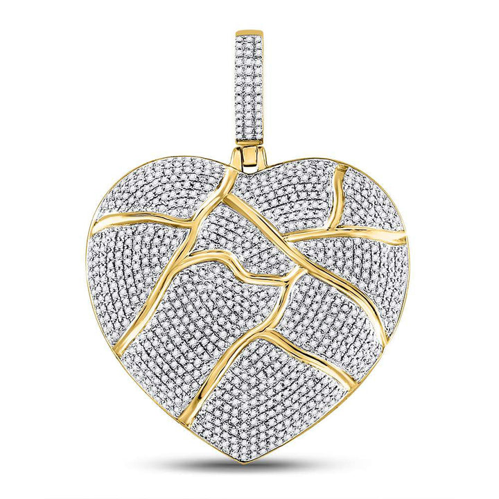 10kt Yellow Gold Mens Round Diamond Fractured Broken Heart Charm Pendant 1-1/2 Cttw