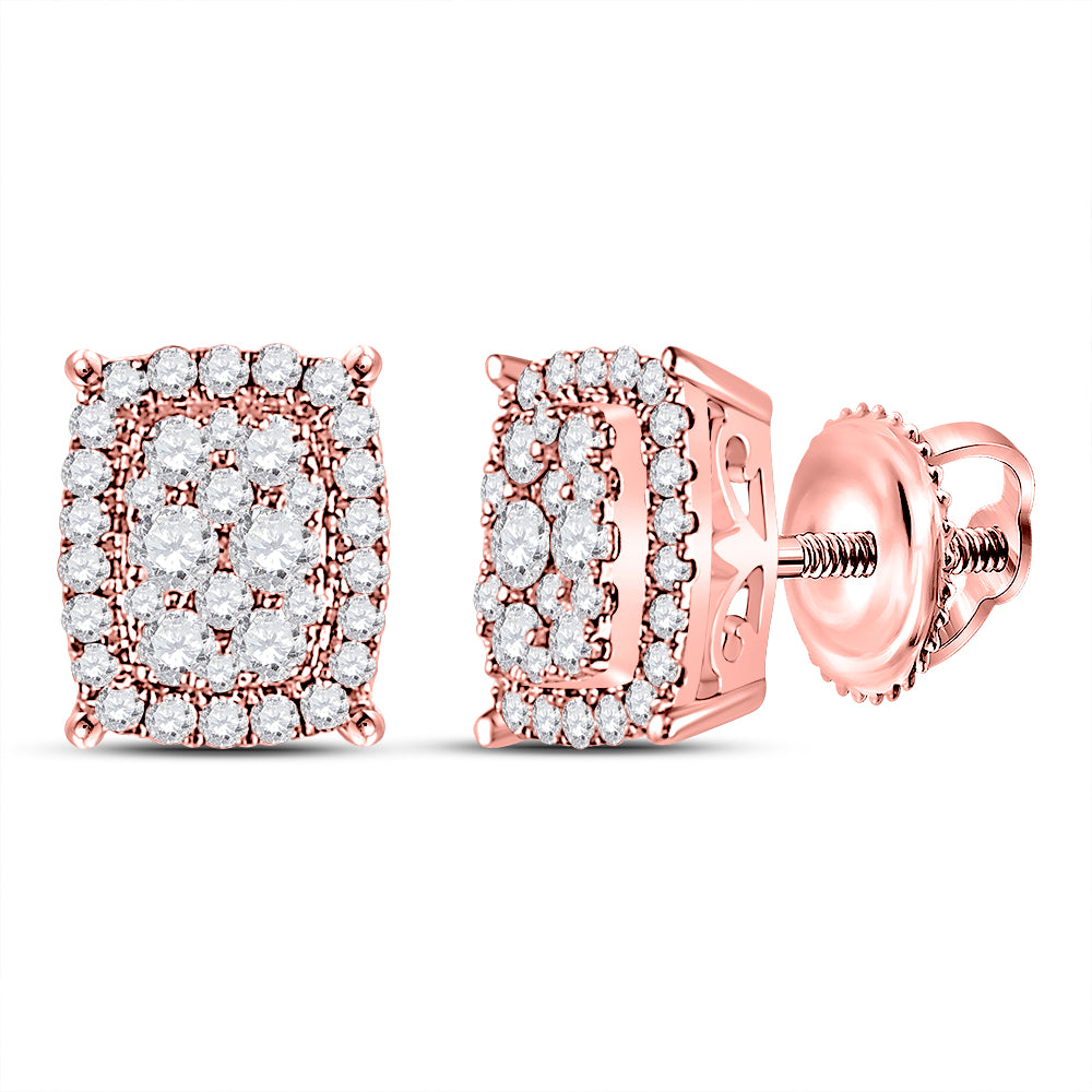 14kt Rose Gold Womens Round Diamond Rectangular Cluster Earrings 1/2 Cttw