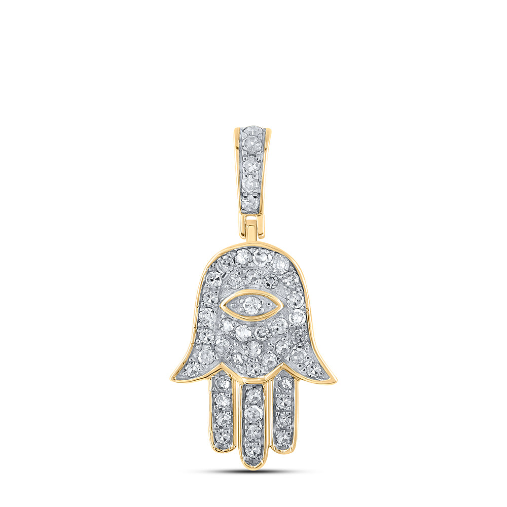 10kt Yellow Gold Mens Round Diamond Hamsa Eye Fatima Charm Pendant 1/4 Cttw