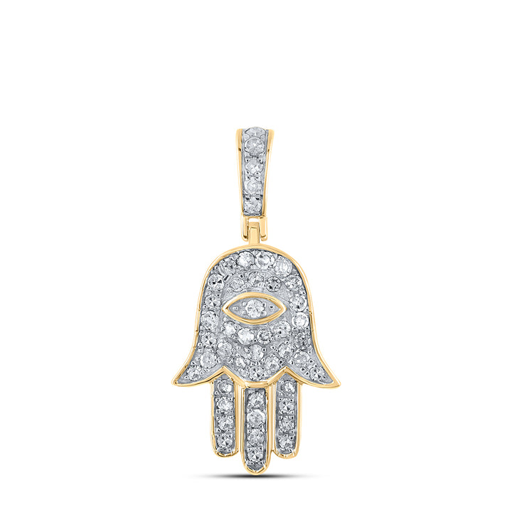 10kt Yellow Gold Mens Round Diamond Hamsa Eye Fatima Charm Pendant 1/4 Cttw