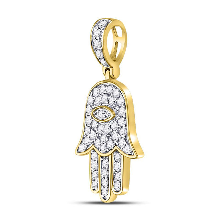 10kt Yellow Gold Mens Round Diamond Hamsa Eye Fatima Charm Pendant 1/4 Cttw