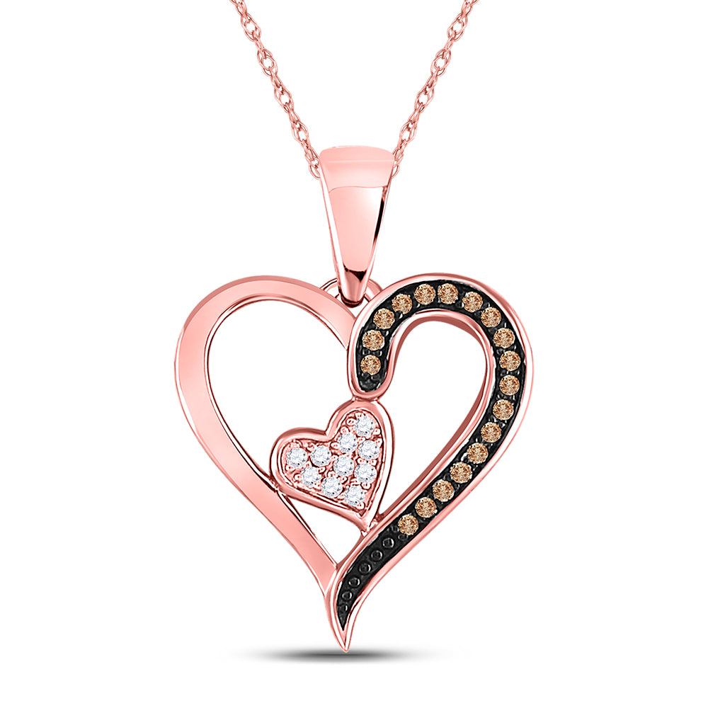 10kt Rose Gold Womens Round Brown Diamond Heart Pendant 1/8 Cttw