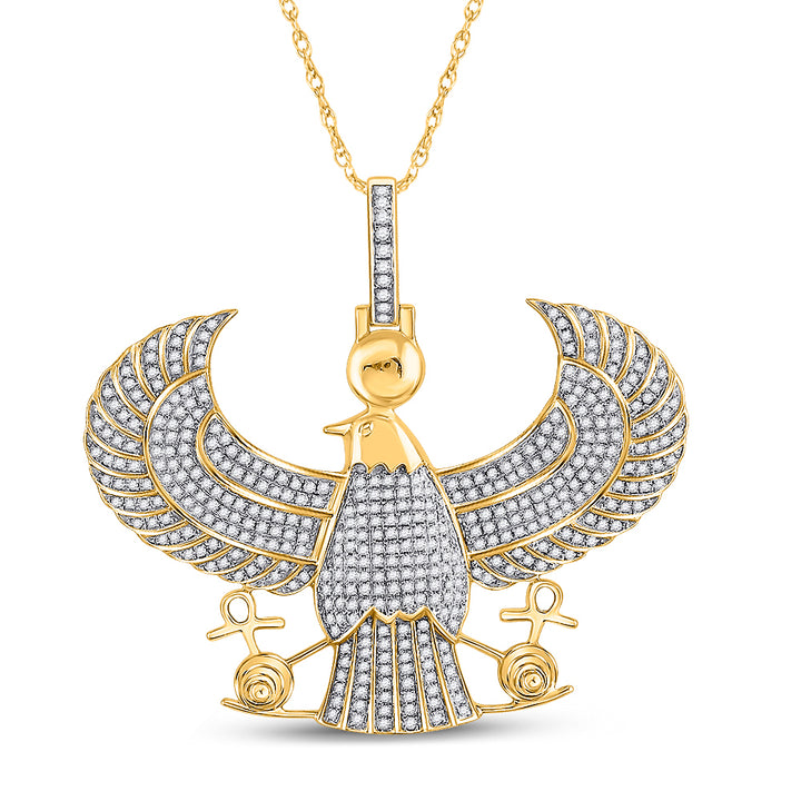 10kt Yellow Gold Mens Round Diamond Eagle Falcon Egyptian Horus Ankh Charm Pendant 1-3/4 Cttw