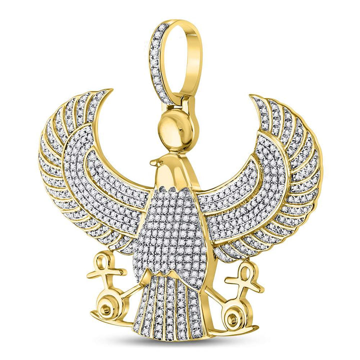 10kt Yellow Gold Mens Round Diamond Eagle Falcon Egyptian Horus Ankh Charm Pendant 1-3/4 Cttw