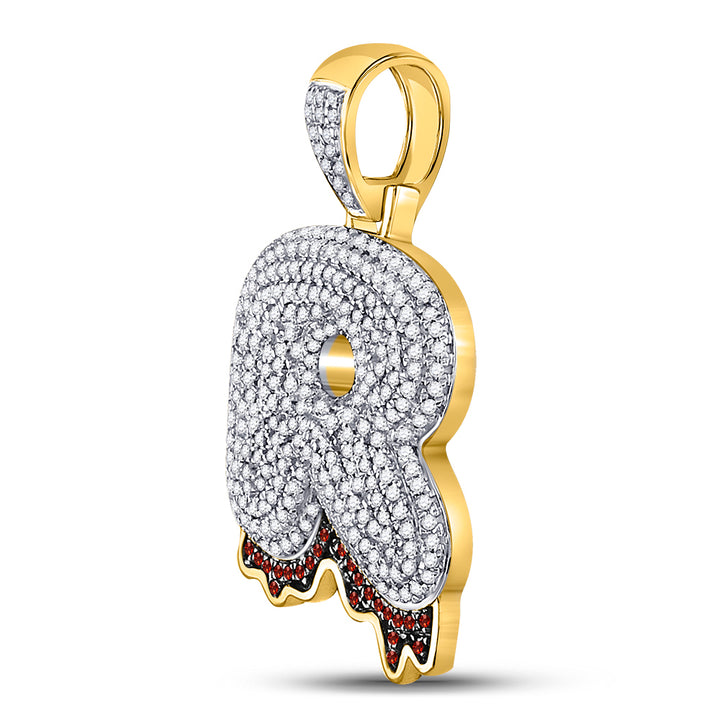 10kt Yellow Gold Mens Round Red Color Enhanced Diamond Letter R Charm Pendant 1.00 Cttw