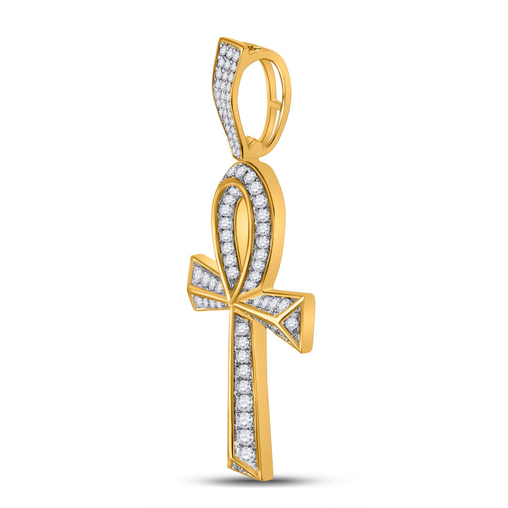 10kt Yellow Gold Mens Round Diamond Ankh Cross Charm Pendant 1-5/8 Cttw