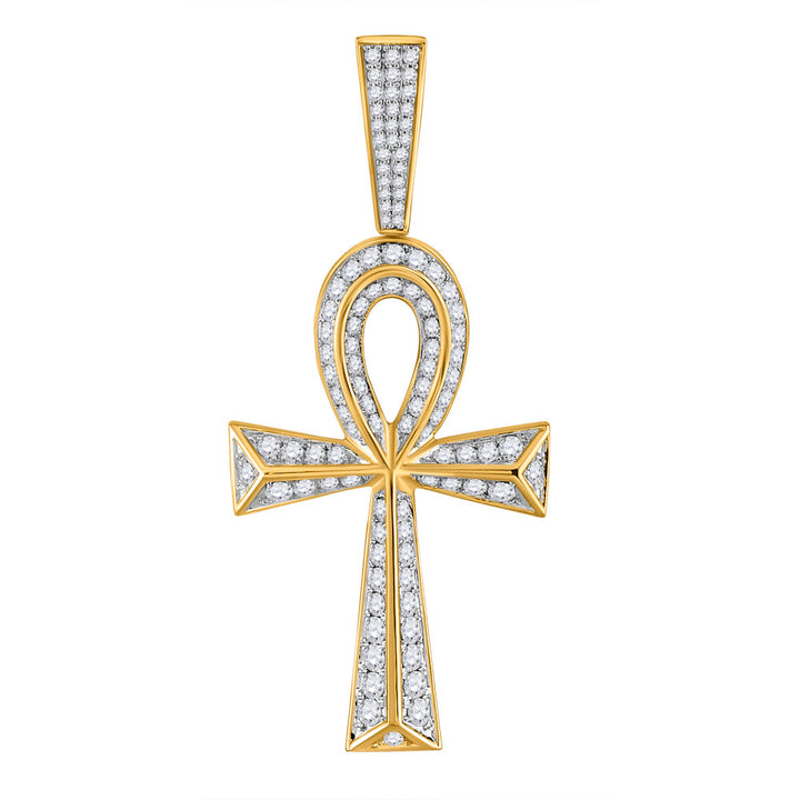 10kt Yellow Gold Mens Round Diamond Ankh Cross Charm Pendant 1-5/8 Cttw