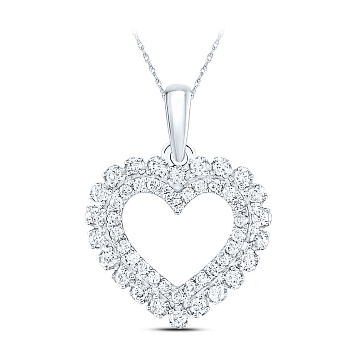 14kt White Gold Womens Round Diamond Double Outline Heart Pendant 3/8 Cttw