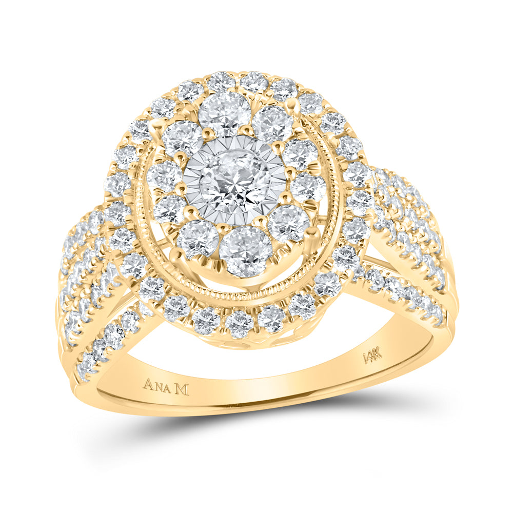 14kt Yellow Gold Womens Round Diamond Cluster Oval Bridal Wedding Engagement Ring 1-1/2 Cttw