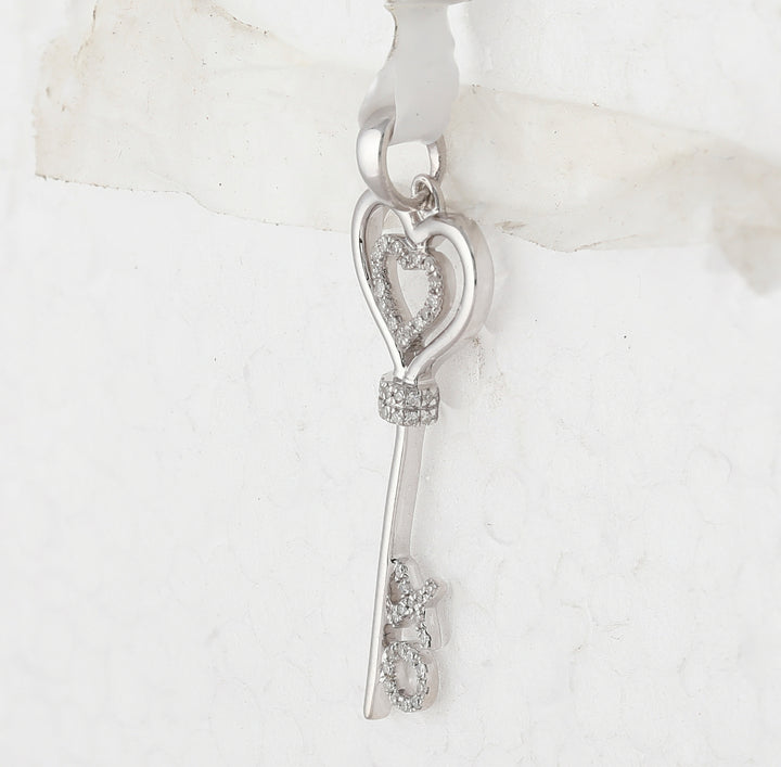 Sterling Silver Womens Round Diamond Heart Key Pendant 1/8 Cttw