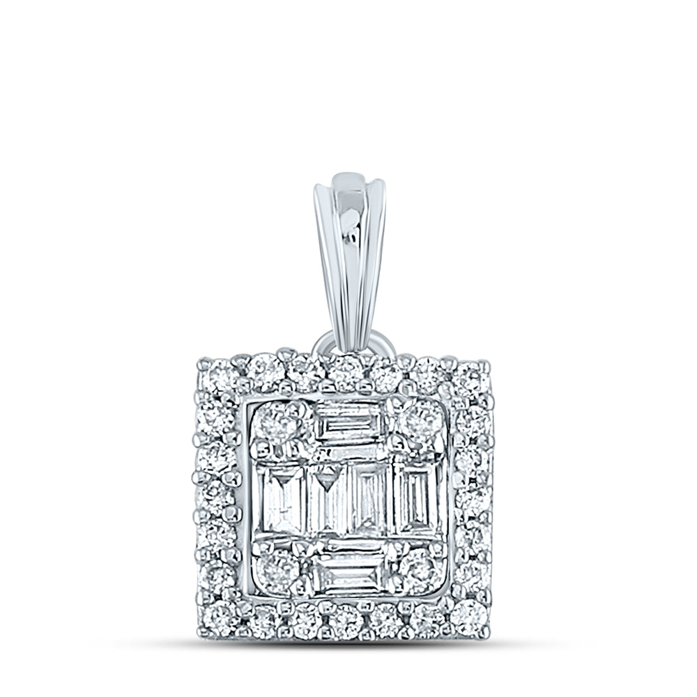 14kt White Gold Womens Baguette Diamond Square Cluster Pendant 1/4 Cttw