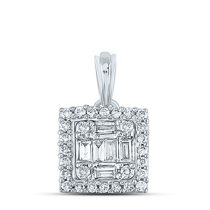 14kt White Gold Womens Baguette Diamond Square Cluster Pendant 1/4 Cttw