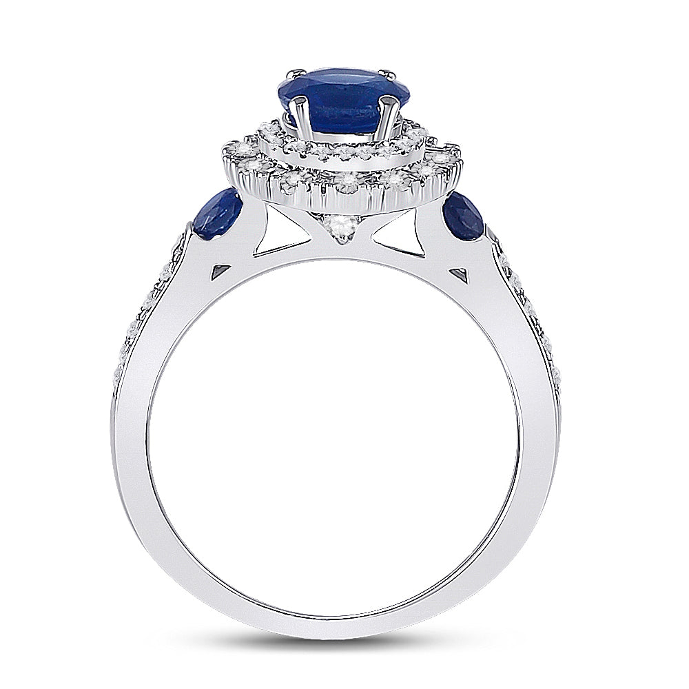 14kt White Gold Womens Round Blue Sapphire Halo Bridal Wedding Engagement Ring 1-3/4 Cttw