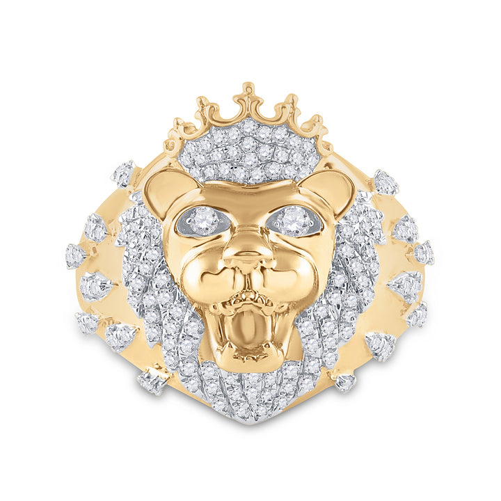 10kt Yellow Gold Mens Round Diamond Statement Lion Animal Ring 7/8 Cttw