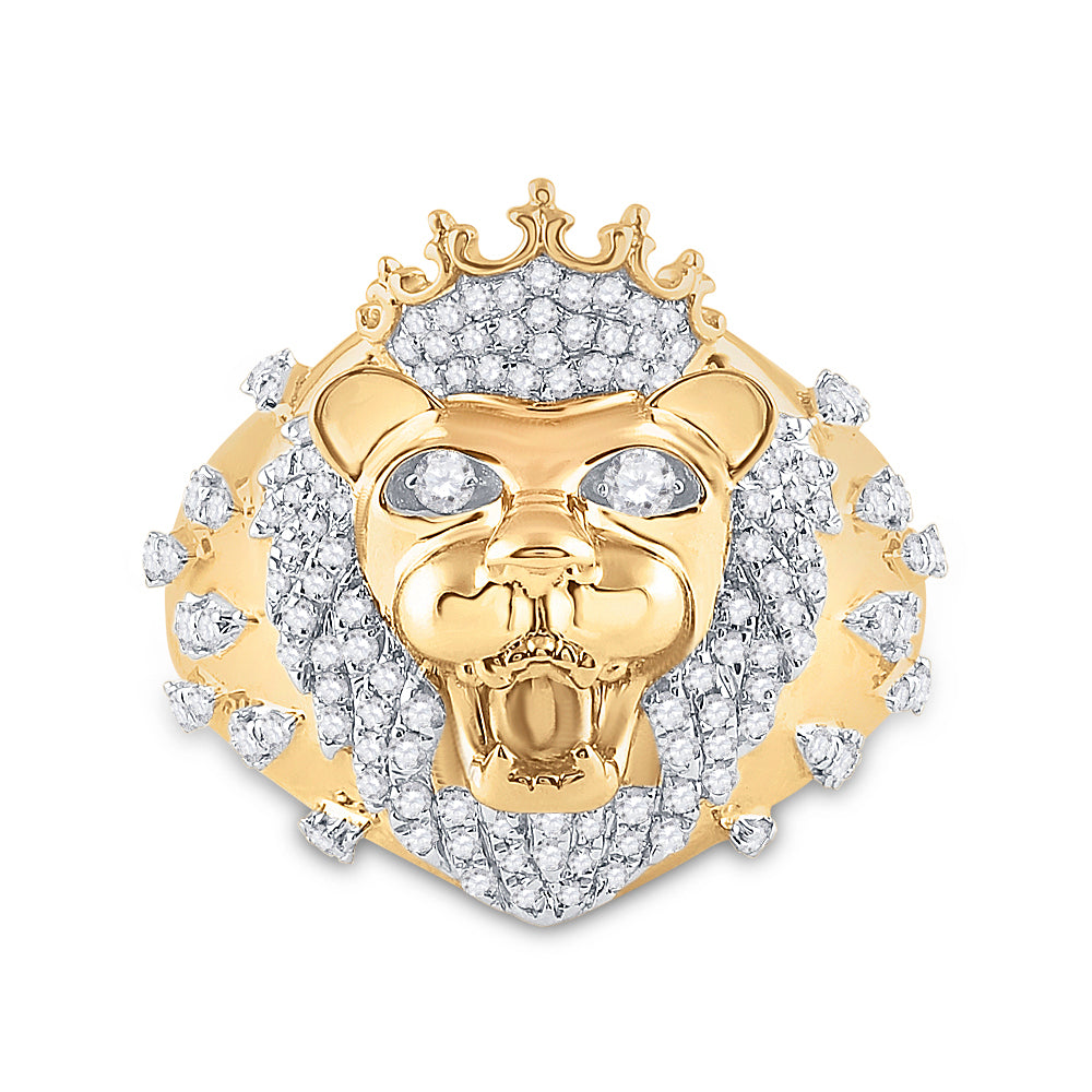 10kt Yellow Gold Mens Round Diamond Statement Lion Animal Ring 7/8 Cttw