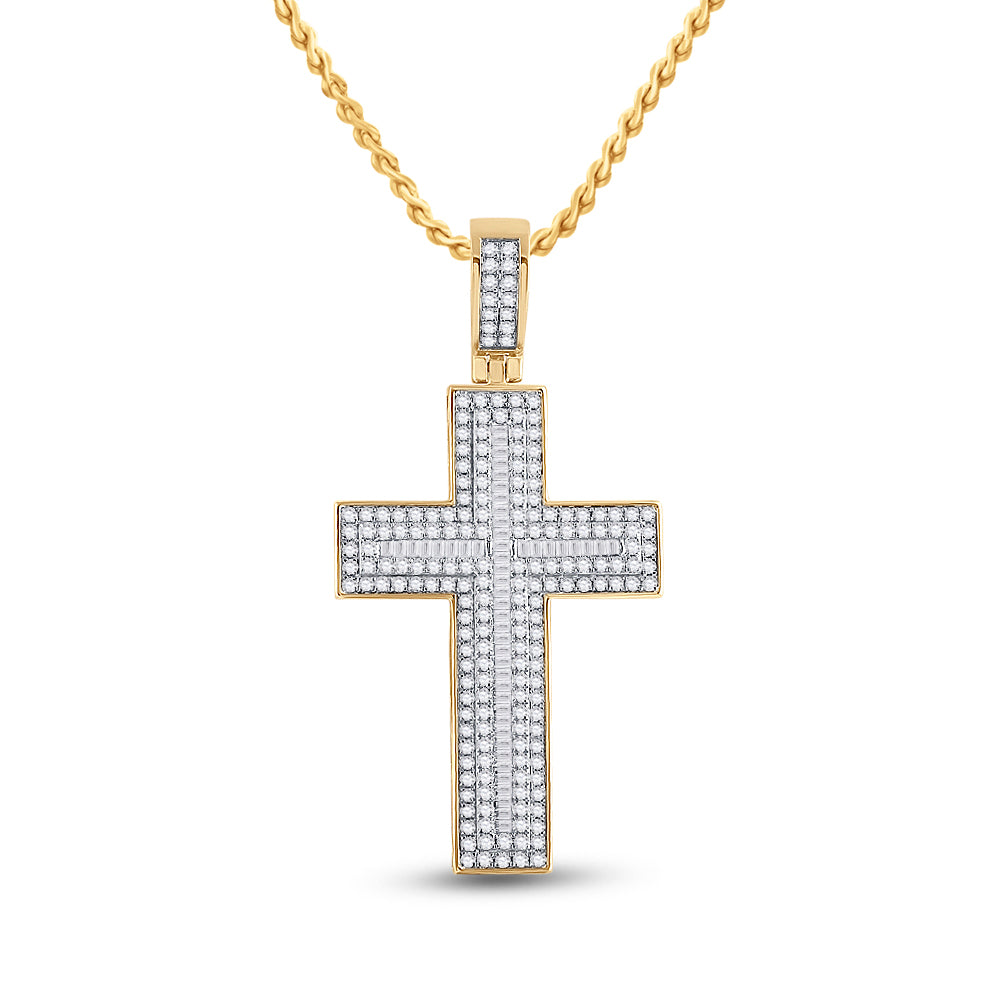 10kt Yellow Gold Mens Baguette Diamond Cross Charm Pendant 2-3/4 Cttw