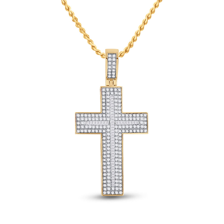 10kt Yellow Gold Mens Baguette Diamond Cross Charm Pendant 2-3/4 Cttw