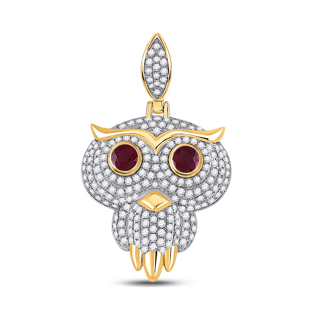 14kt Yellow Gold Mens Round Ruby Diamond Owl Bird Charm Pendant 2-5/8 Cttw