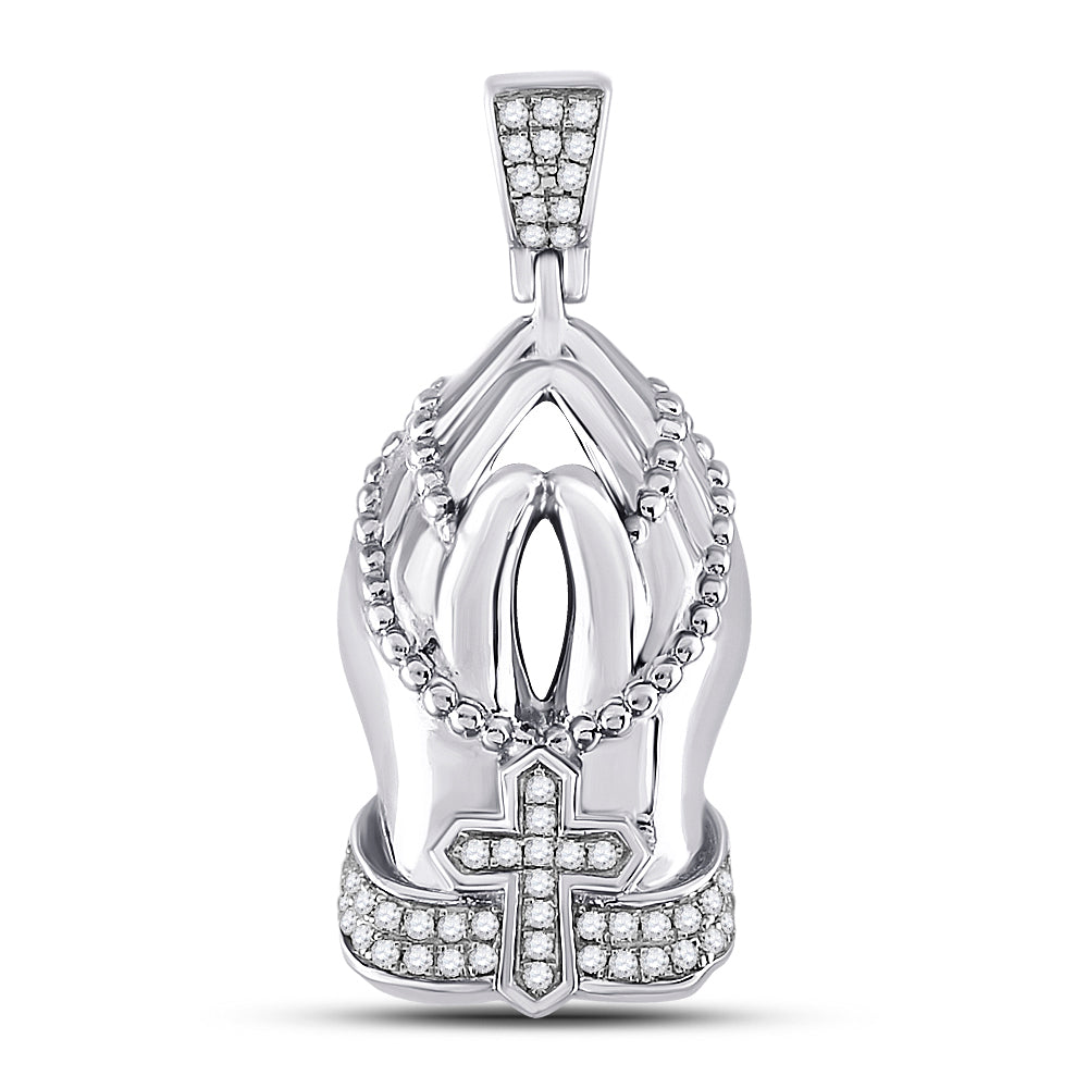 10kt White Gold Mens Round Diamond Praying Hands Rosary Charm Pendant 1/4 Cttw