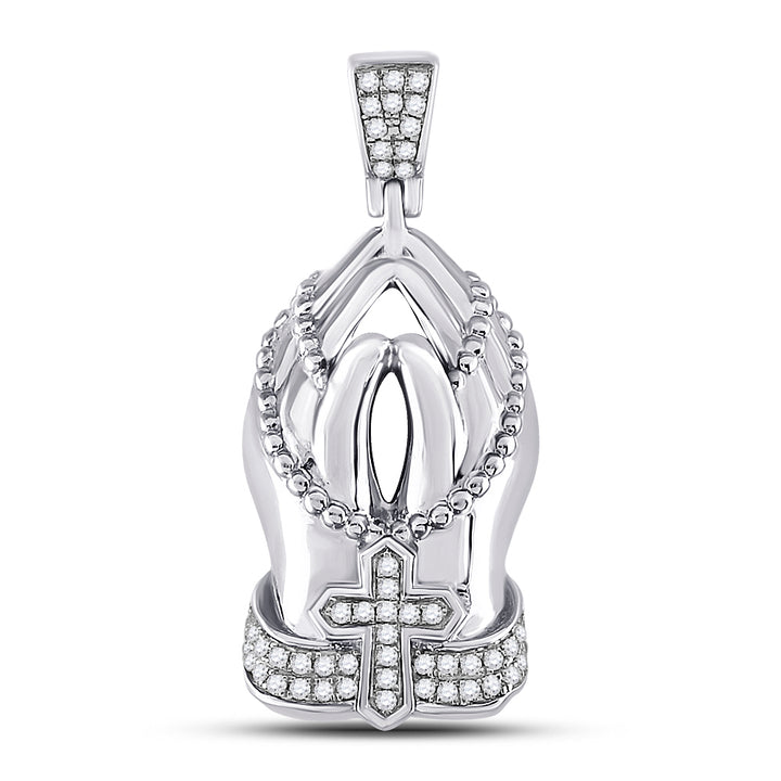 10kt White Gold Mens Round Diamond Praying Hands Rosary Charm Pendant 1/4 Cttw