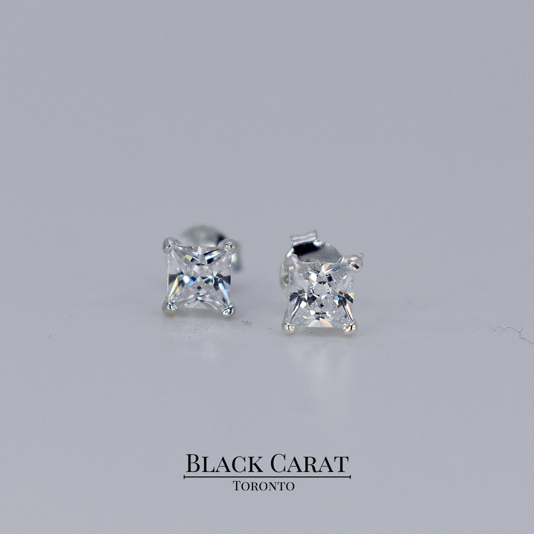 Men's Square 925 Real Silver Stud Earrings - Black Carat